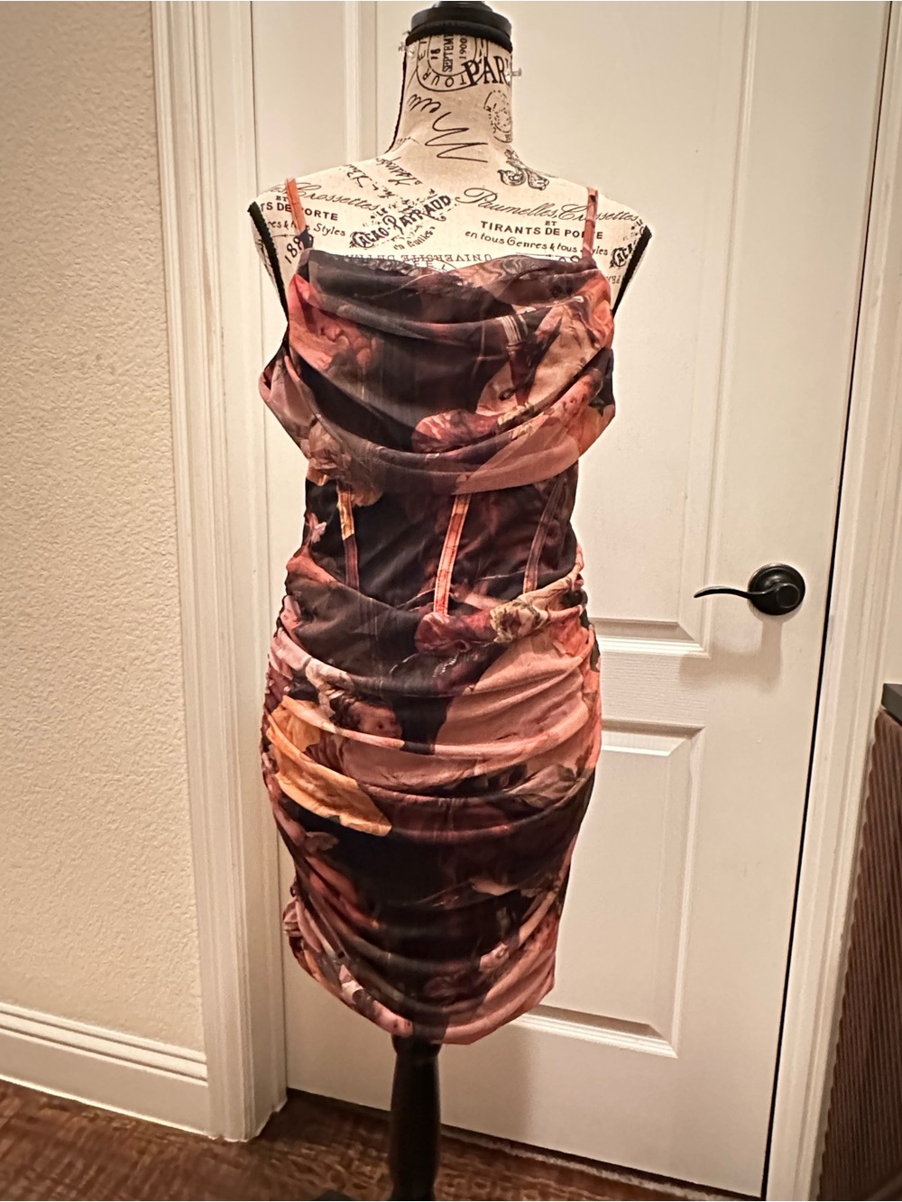 SHEIN Baroque Print Cowl Neck Ruched Mini Dress